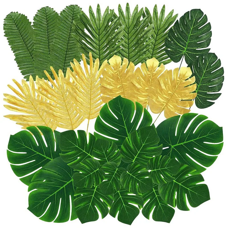 

100 Pcs Artificial Palm Leaves Tropical Leaves, Leaf Gold And Green Faux Leaves For Hawaiian Party Table Decoration