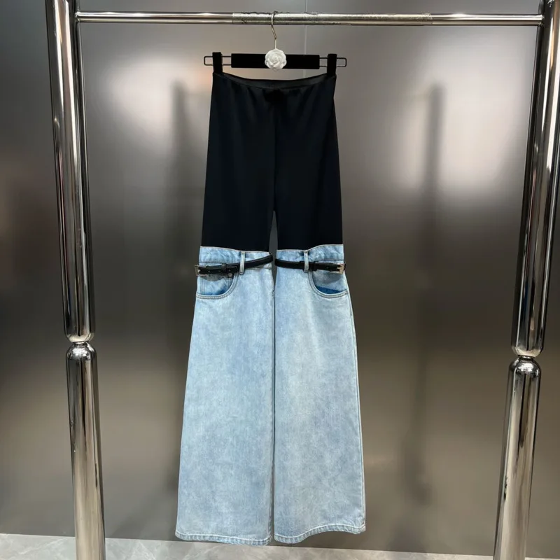 

2023 Spring New Arrival Elastic Waist Denim Patchwork Belt Fake Two Piece Long Pants Women Jeans GH247