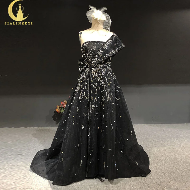 

3043 Real Luxurious Plus Size Black Beaded Crystal فساتين السهرة robes de soirée femme vestidos de noche Evening dress