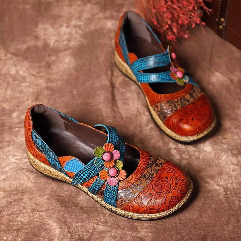 

GAOKE Vintage Floral Genuine Leather Splicing Colored Stitching Hook Loop Flat Shoes Spring Summer Casual Women Flat Shoes New