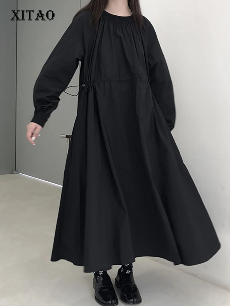 

XITAO Casual Draw String Dress Loose Fashion Solid Color Simplicity O-neck Pullover Dress Autumn New Temperament Women WLD10053
