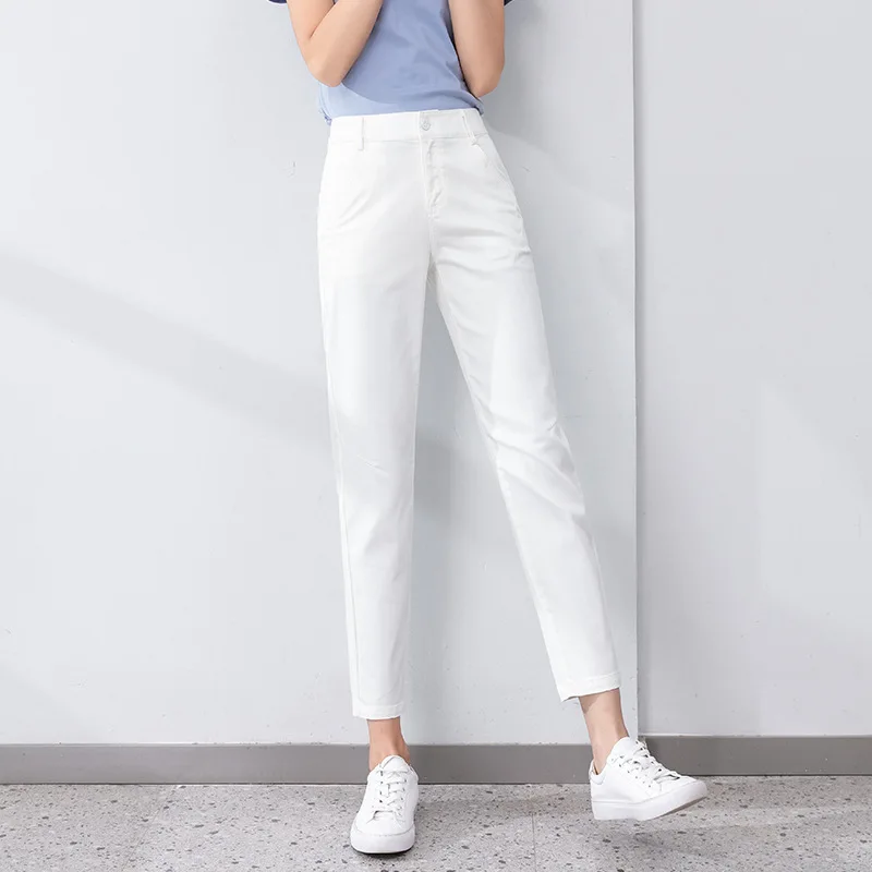 

LYFZOUS Three-proof Fabric white jeans women summer cotton slim Cropped pants Office Ladies casual denim pencil pants Trousers