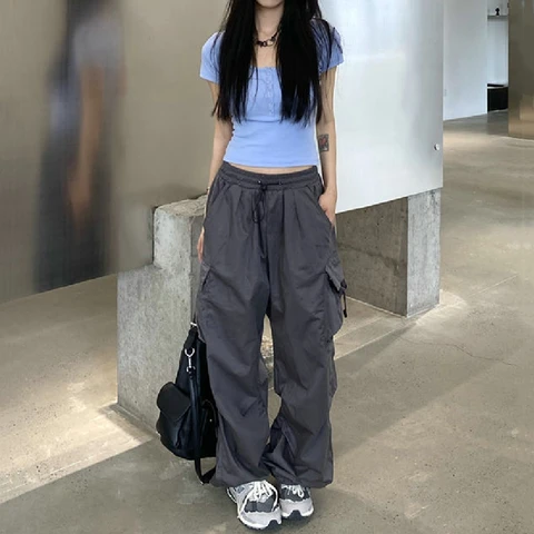 Y2K Streetwear Cargo Pants Women Casual Vintage Baggy Wide Leg Straight Trousers Jogger Big Pockets Oversize Overalls Sweatpants