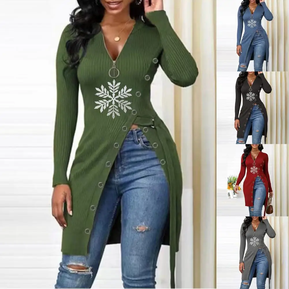 

Women Blouse Snowflake Pattern Zipper Neckline V Neck Spring Autumn Split Irregular Pullover Top Streetwear Casual Jumper Tops