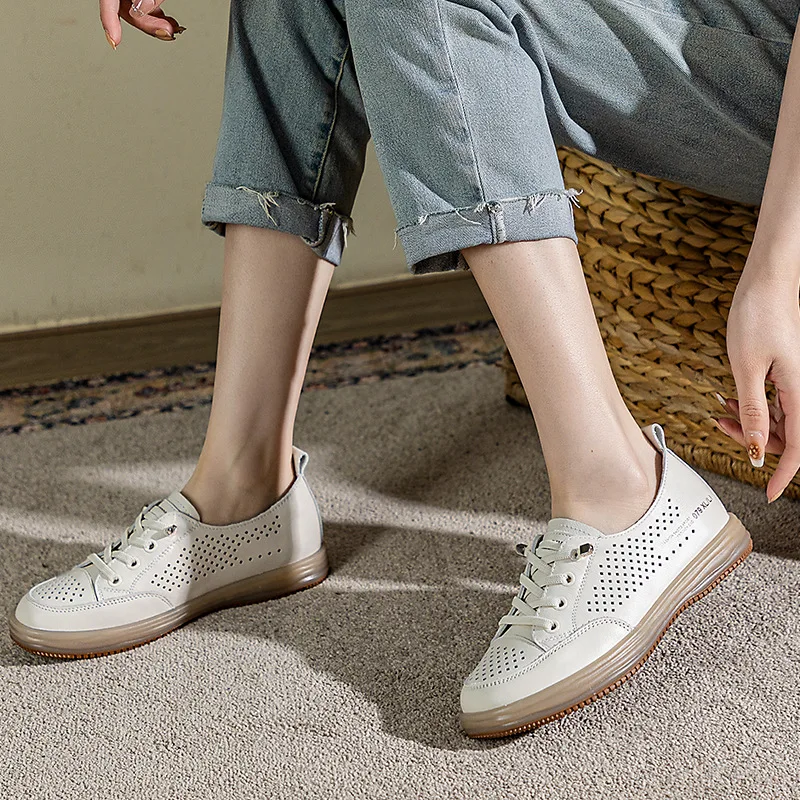Women's Shoes Platform Sneakers Flat 2023 New Head Layer Cowhide Openwork Ventilable Hole Shoes Small White Shoes Loafers