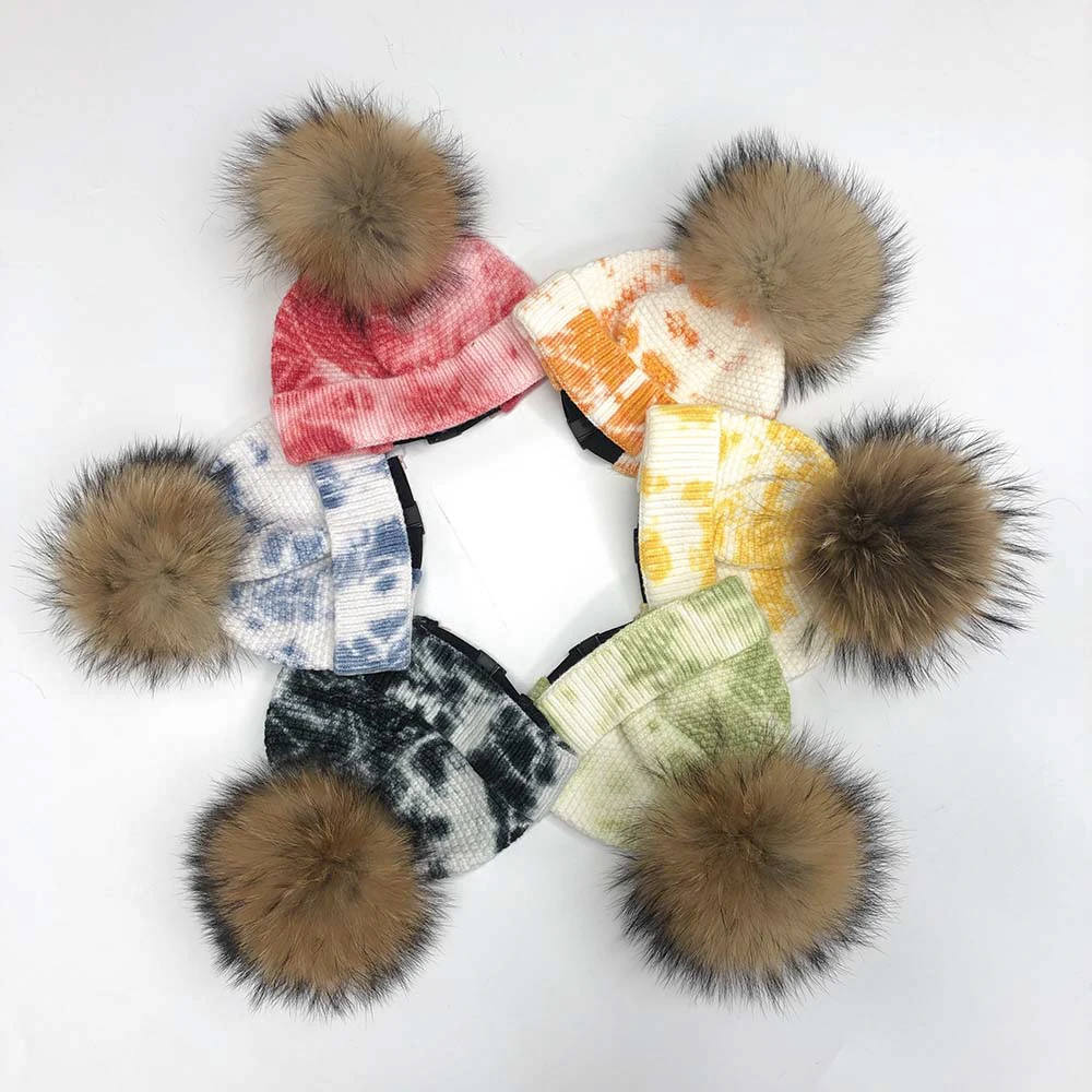 

JANEFUR Real Fur Pom Pom Hats for Child Boys Girls 2022 Fashion Tie-Dye Cotton Beanie Hats with Adjusted Belt Kid Winter Cap