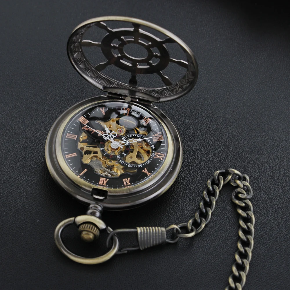 Rudder Hollow Design Bronze Roman Mechanical Pocket Watch High Quality Necklace Timing Pendant Unisex Pocket Watch Gift PJX1463