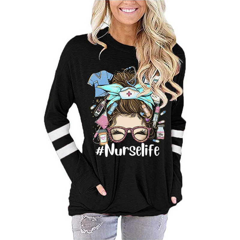 

Vintage T-shirts Nurse Life Print Clothes Messy Bun Job Sublimation Designs Autumn Long Sleeve Tees Female Simple Sweatshirt