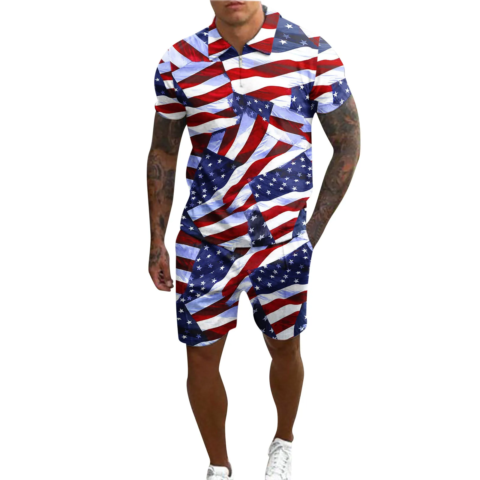 Stripe Print 2 Piece Suit Independence Day Tracksuit Lapel Collar Breathable Male Set Short Sleeve Conjuntos Cortos 4th Of July
