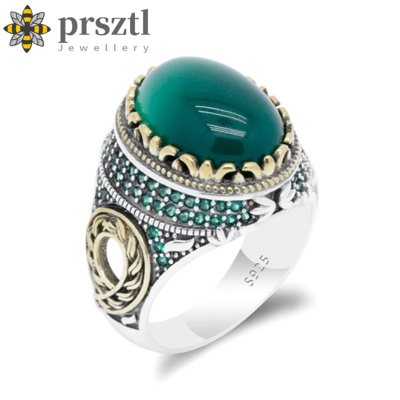 

Prsztl Vintage Handmade Natural Emerald Stone Crown Rings for Men Exquisite Fashion Party Banquet Punk Jewelry Gifts Engagement