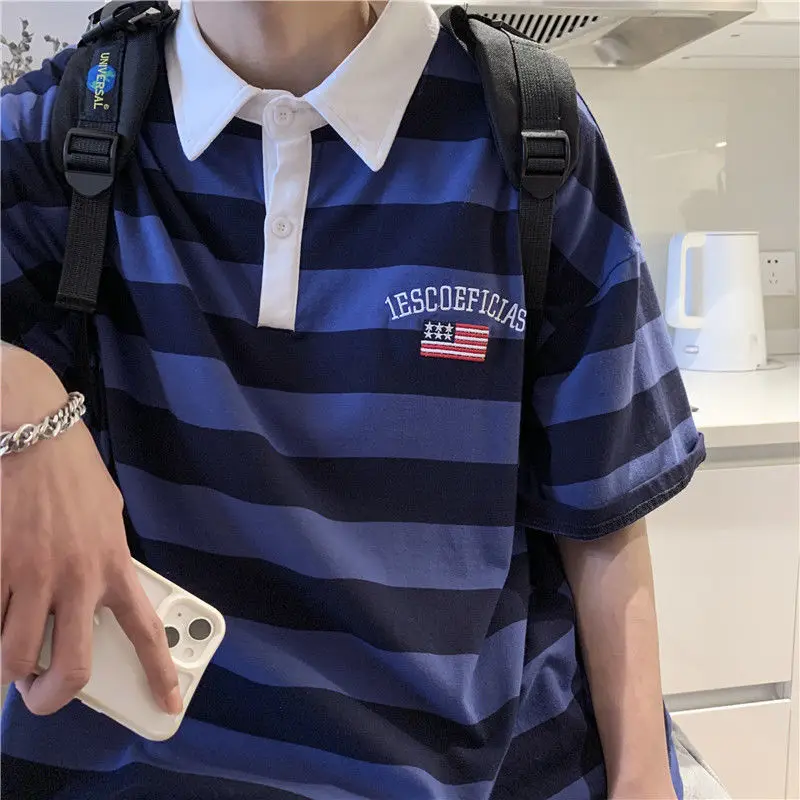 

Striped Polo Shirt American Vintage Short Sleeve Tshirts Womens Shirts Japanese Streetwear T-shirt Men Loose 2022 Summer Tshirt