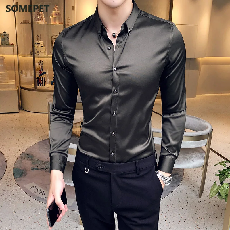 

Neckline Embroidery Mens Shirts Long Sleeve Casual Slim Fit Men Dress Shirts Solid Color Formal Business Social Clothing Blouse