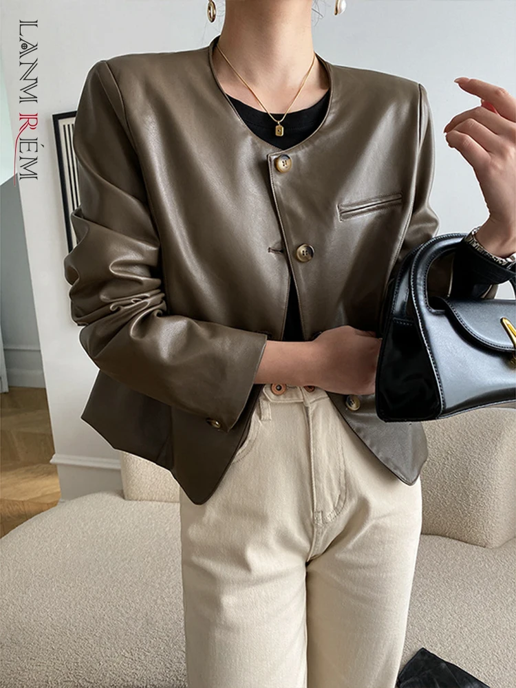 

LANMREM PU Leather Coats For Women Round Neck Single Breasted Short Style Fashion Cool Coats Female 2022 Autumn New 2R7417
