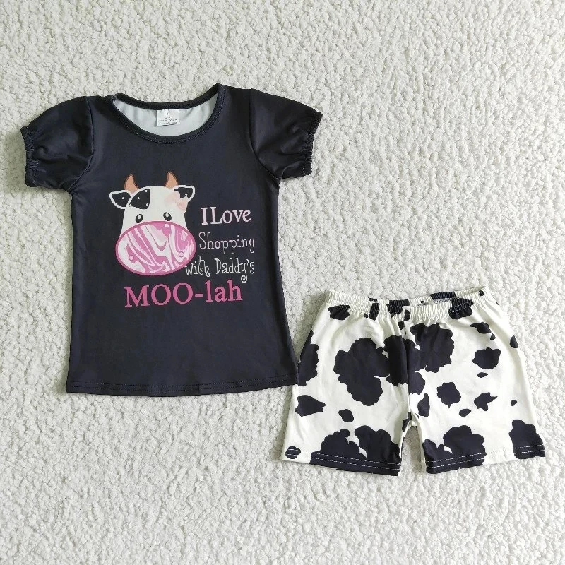 

Wholesale I Love Shopping Witk Daddy's Moo-lah Summer Clothes Children Baby Girl Black Top Set Kids Cow Shorts Outfit Clothing