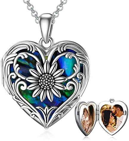 

Heart Shape Locket Necklace for Women 925 Sterling Silver SunFlower Necklace That Holds Pictures Locket Jewelry Gifts for Women