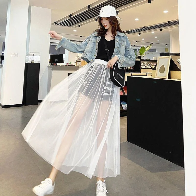 

Милая прозрачная сетчатая юбка А-слоя с высокой эластичной талией, тонкая универсальная Однослойная летняя Фея средней длины