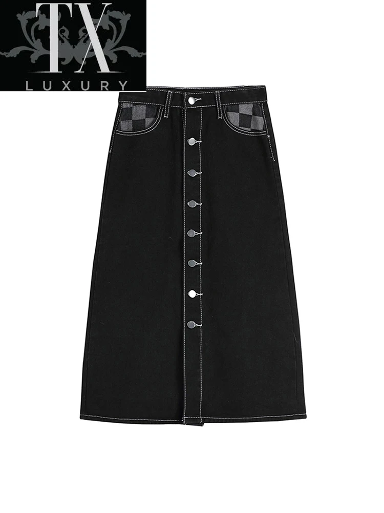 

Summer 2022 Women's Long Denim Vintage High Wasit Patchwork Jeans Straight Black A-line Pencil Skirts Female