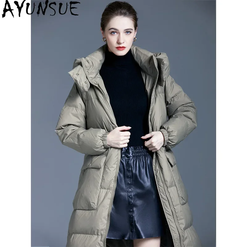 AYUNSUE Белая куртка-пуховик на утином пуху женские модные длинные пуховики с