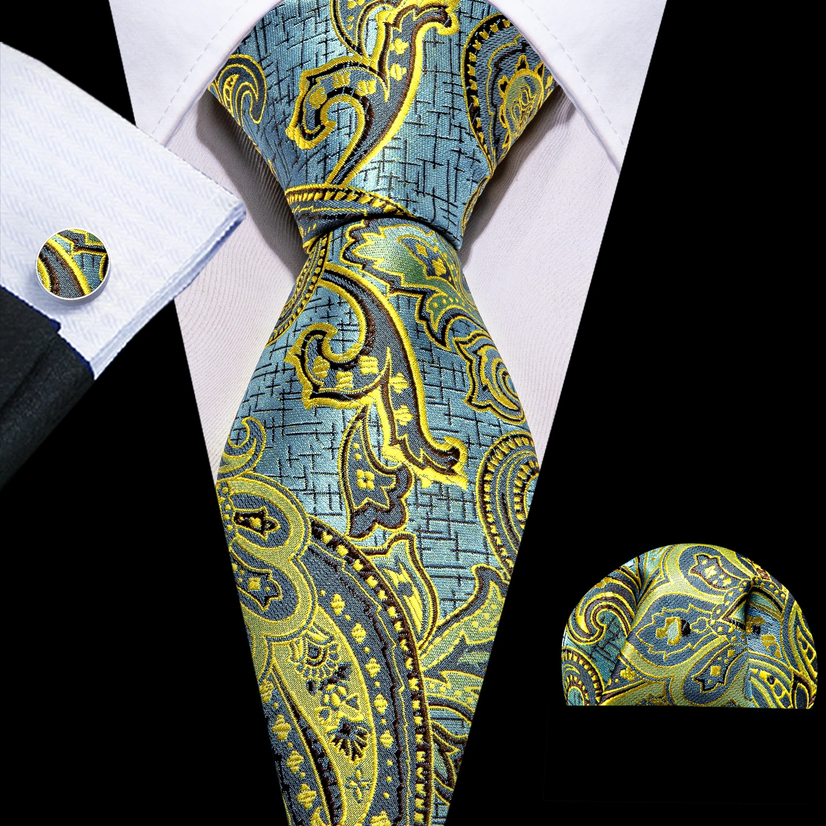 

Men Tie Silk Blue Gold Silver Striped Floral Necktie Handkerchief Cufflinks Set Wedding Business Dropshipping Barry. Wang A-6052
