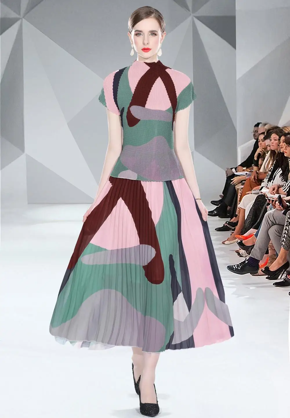 

Винтажный элегантный пуловер с цветочным принтом + плиссированная длинная юбка миди, Модный комплект из 2 предметов, повседневный комплект одежды, Новинка