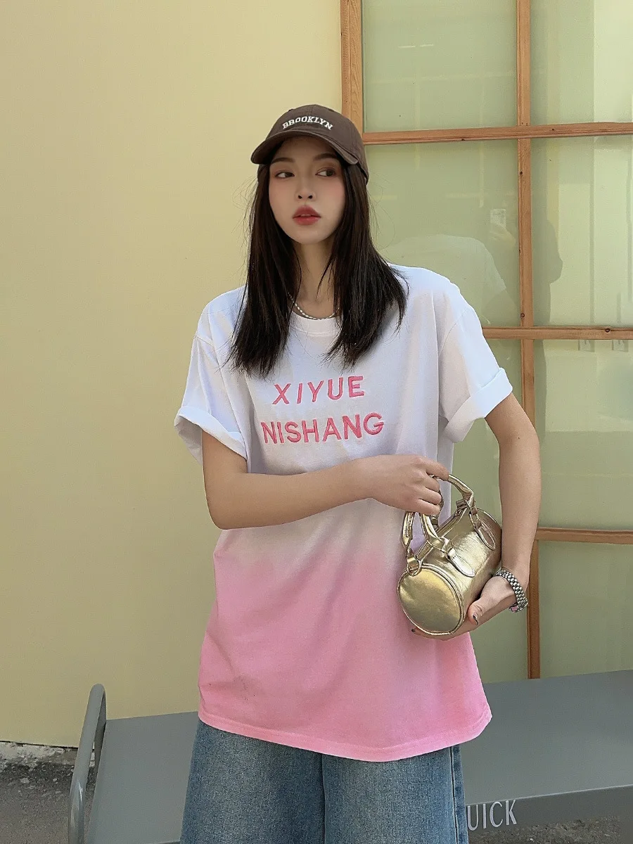 Футболка с короткими рукавами и градиентом в американском стиле женские топы Y2k