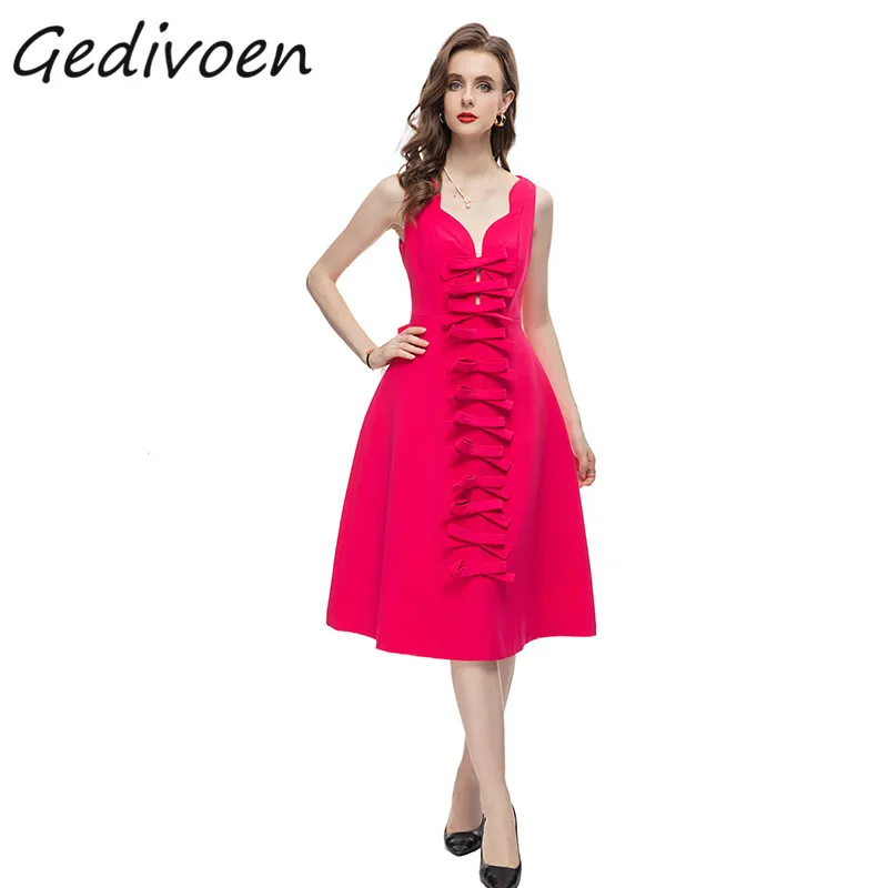 

Летнее модное дизайнерское однотонное платье Gedivoen с бантом, женское платье средней длины с V-образным вырезом, открытыми плечами и высокой талией