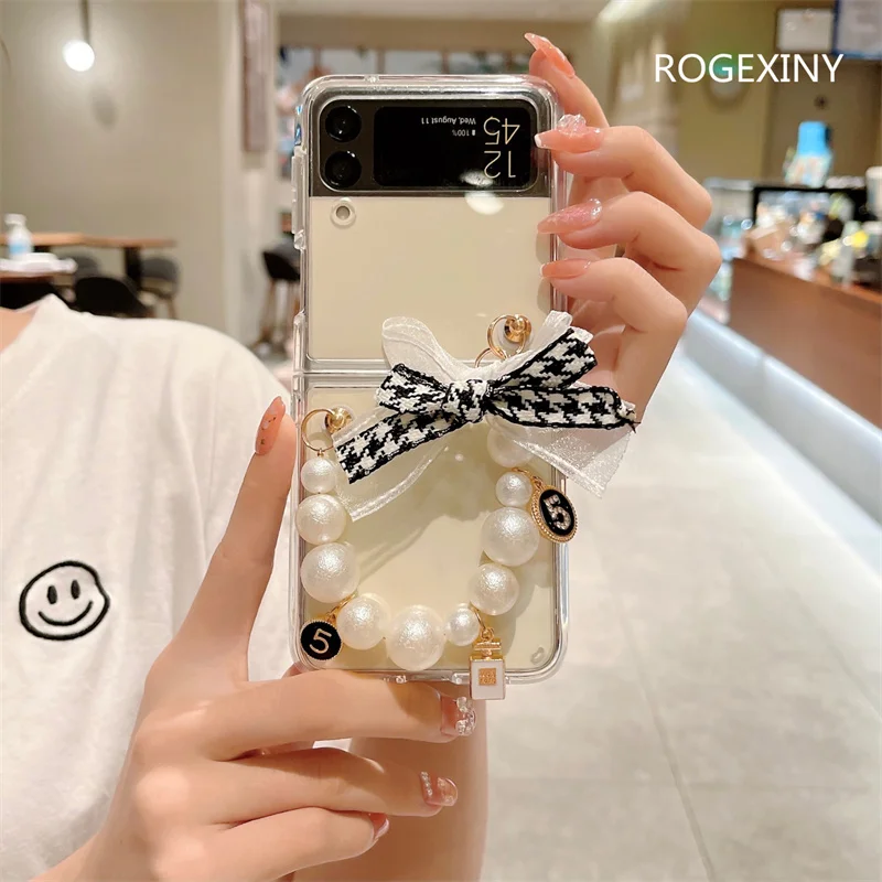 

Cute Houndstooth Bow Kont Pearl Chain Phone Case For Samsung Galaxy Z Flip 3 4 2 1 Cover For Z Flip3 Flip4 5G Clear Hard Cases