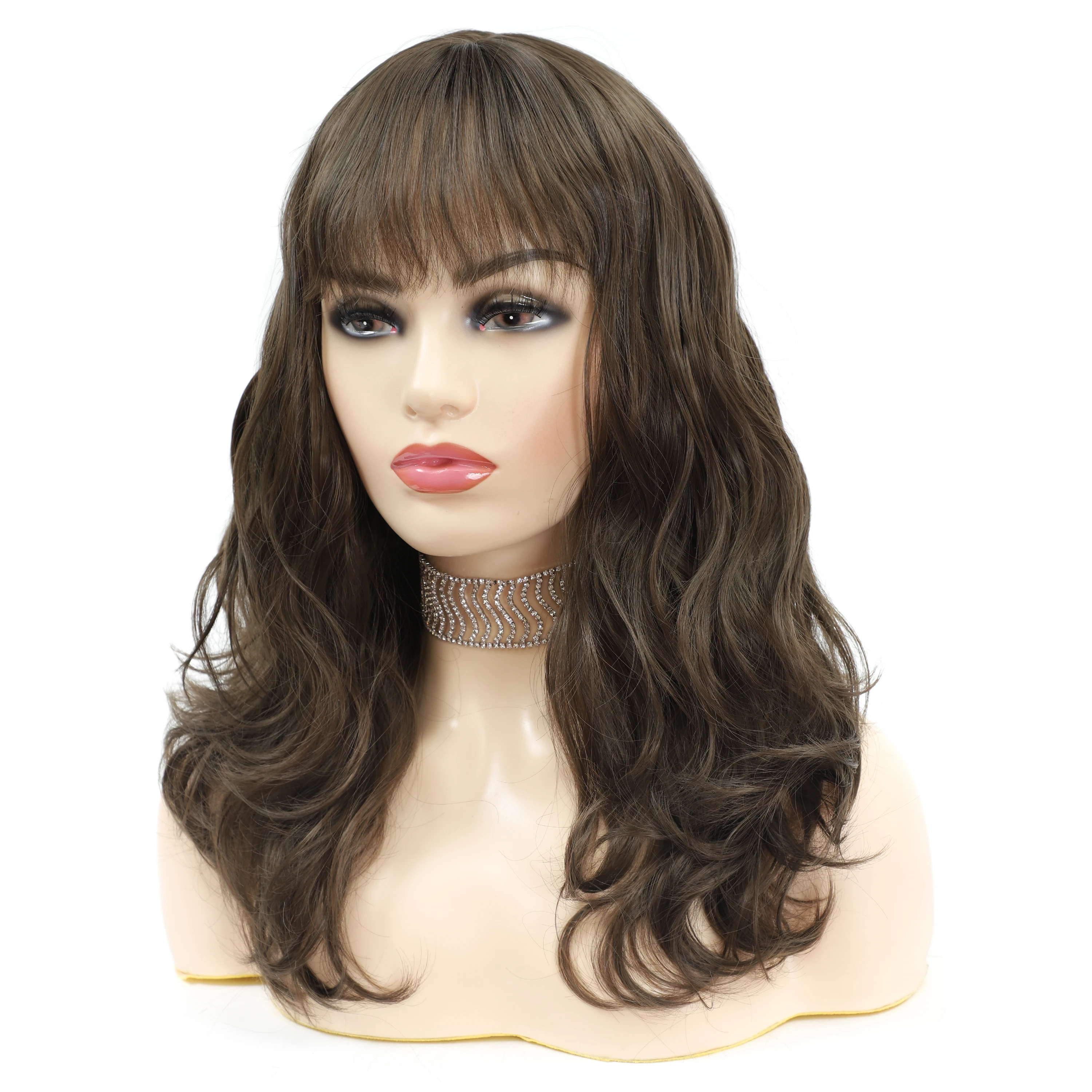Synthetic Wigs With Full Bangs Long Water Wave Brown Color Wig SOKU Heat Resistant Fiber Natural Soft Hairstyle For Black Women | Шиньоны и