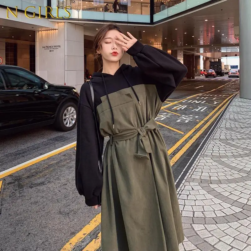 

N GIRLS Thick Mid-length Sweatshirt Femme Robe Spring Fake Two-piece Vestido Korean Version Loose Plus Size Woman Dress