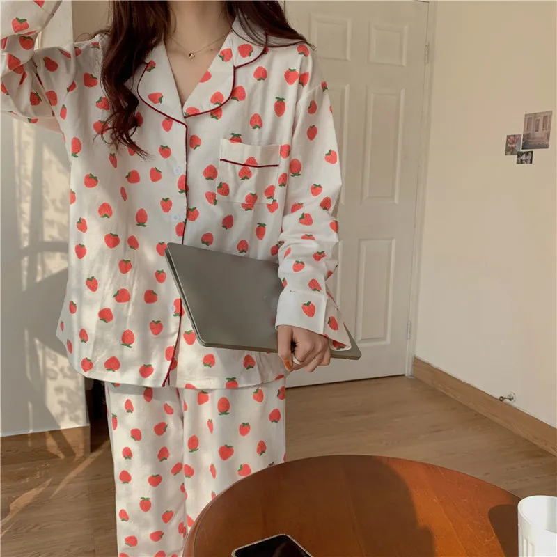 Sleepwear Women Pajamas Sets Plaid Homewear Suit with Pocket Long Sleeve Femme Pijama Button Top+Pants Pyjama Dot Muje