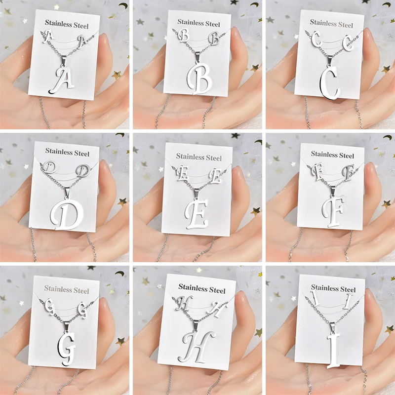 

30set/lot Trendy Stainless Steel Silver Color Initial Letter Pendant Chain Necklace Stud Earring for Women Fashion Jewelry Set