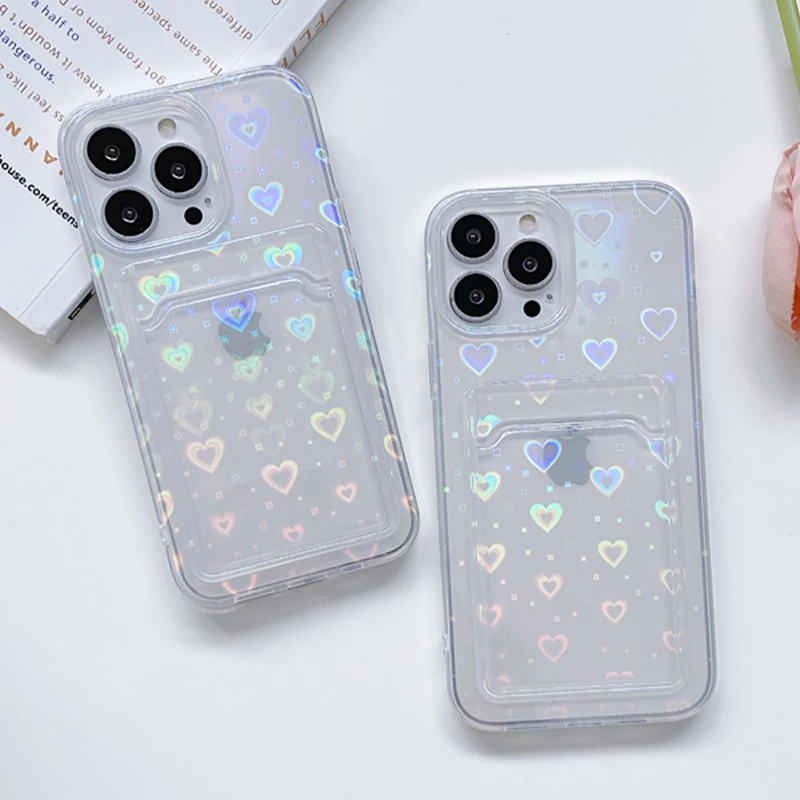 

Card Slot Case For iphone 11 Pro Case iphone 13 12 Pro Max 7 8 SE 2020 XR X Xs 6 6s Plus TPU Funda Transparent laser Heart Cover