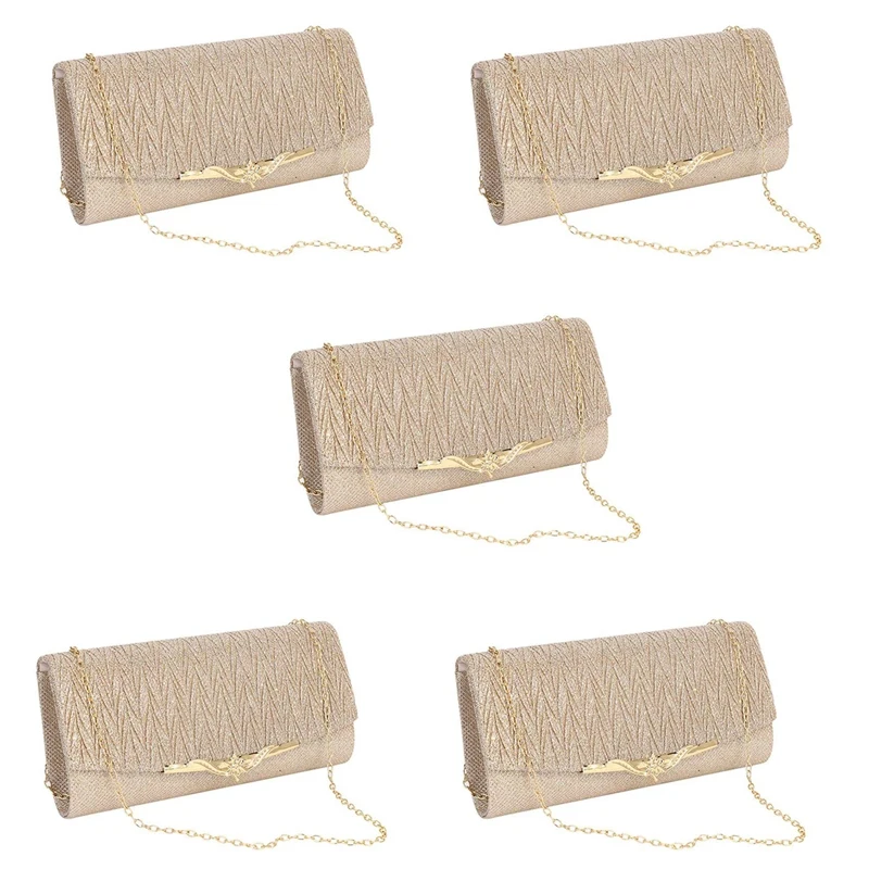 

5X Women Evening Bag Party Banquet Glitter Bag For Women Girls Wedding Clutches Handbag Chain Shoulder Bag(Champagne)
