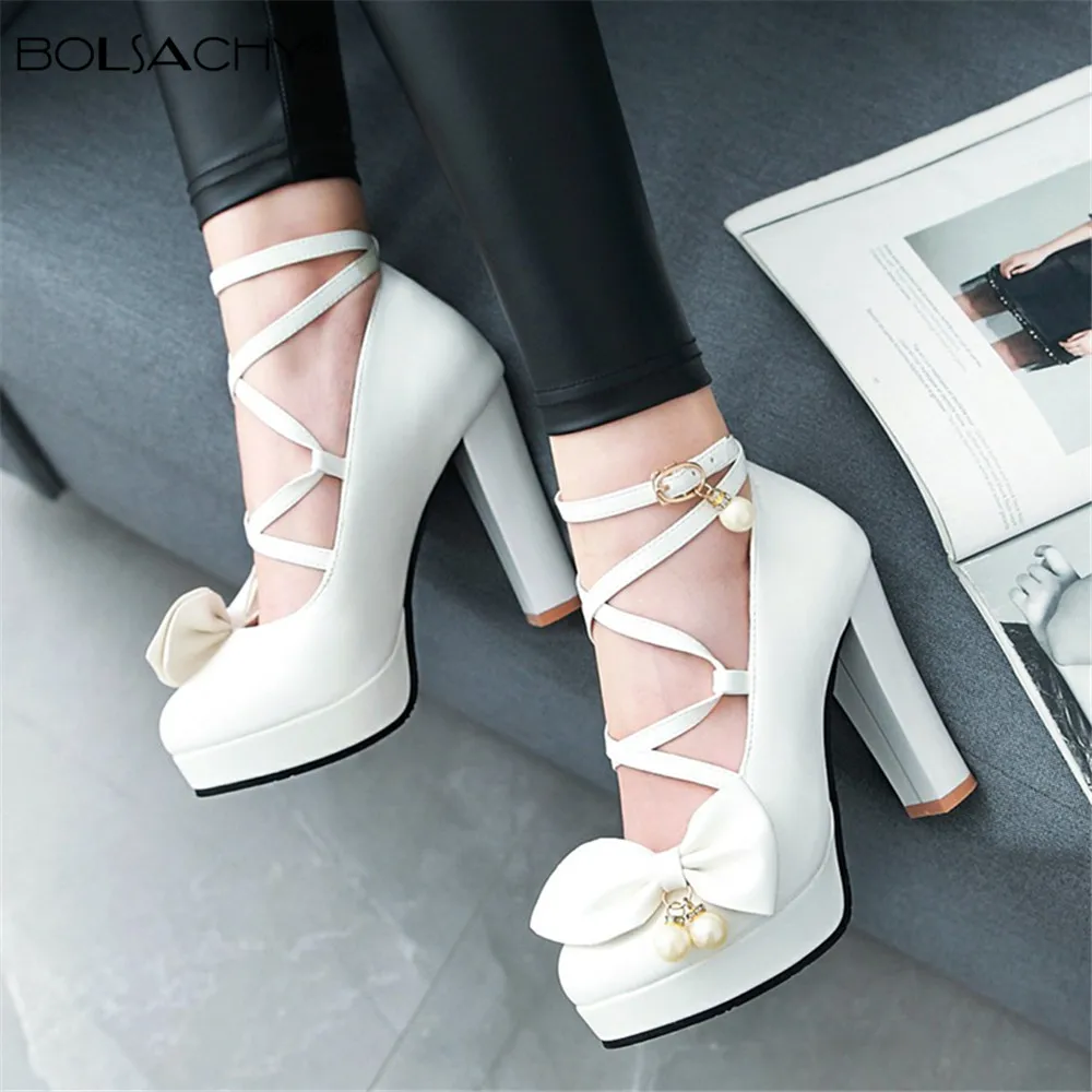 

2022 Ladies Heels Platform Cross Strap Buckle Princess Bow Mary Jane Shoes Party Super High Heel Women Pumps Girls Sweet White