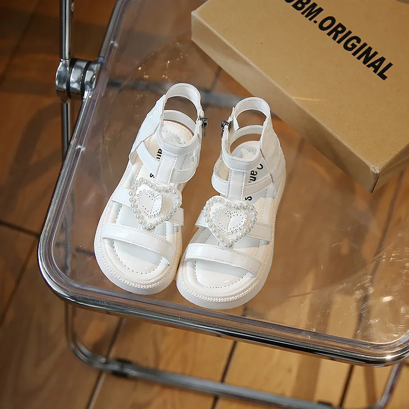 

Girls Sandals 2022 Summer Roman Sandals Kids Pearl Heart Princess Shoes Children Soft Bottom Non-slip Beach Shoes
