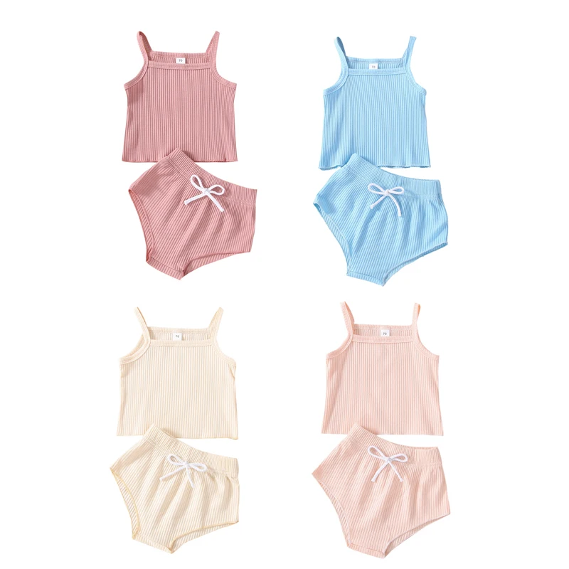 

Baby Girls Clothes Set 2PCS Summer Outfits Suit Sling Plain Color Ribbed Camisole Tops+High Waist Bowknot Shorts Infant Clothing