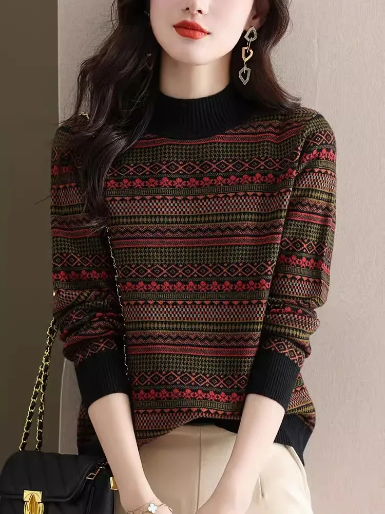 Hengyuanxiang Pure Wool Sweater Women Half-high Collar Retro Jacquard Autumn and Winter Western Sle Striped Knitted...