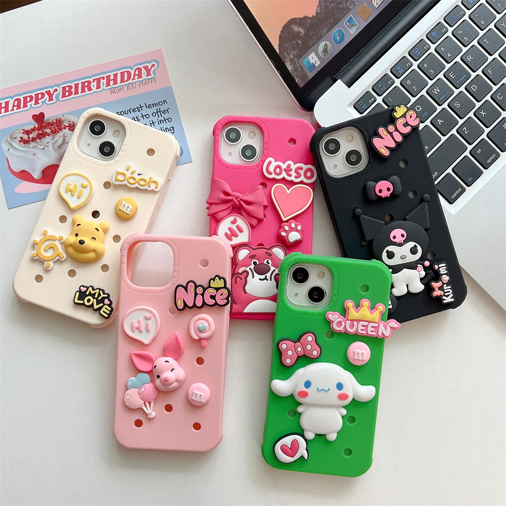 

Sanrio Kuromi Disney Winnie the Pooh cute pink can be disassembled DIY Phone Cases For iPhone 14 13 12 11 Pro Max Back Cover