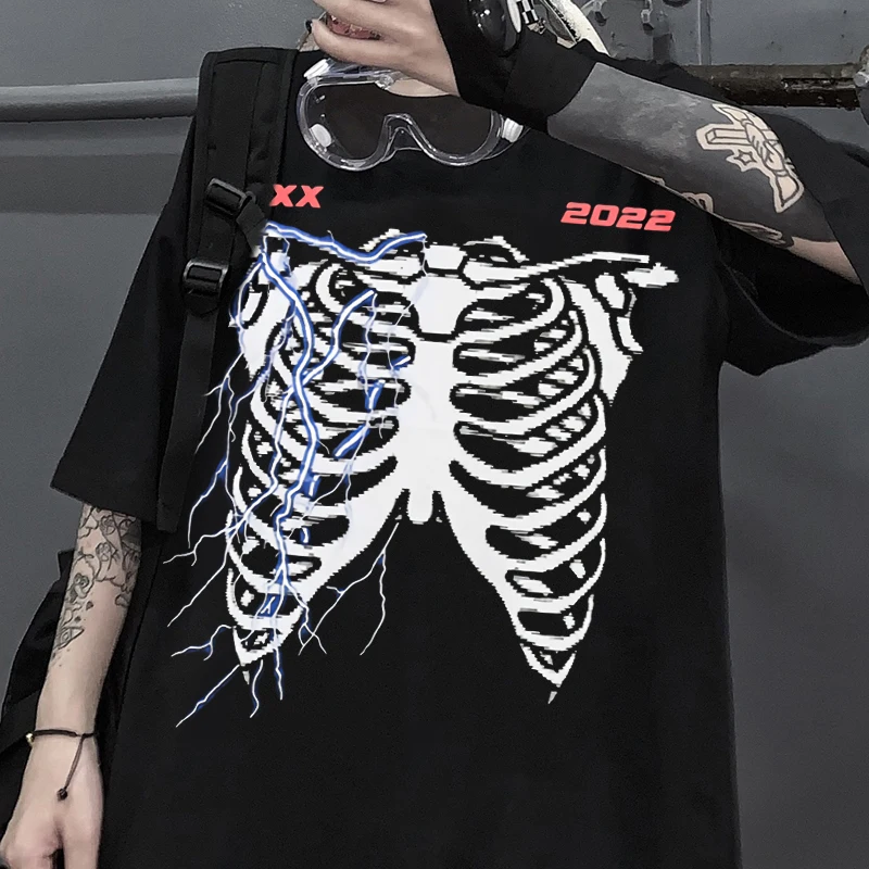 

Футболка женская в стиле Харадзюку, темный готический топ с коротким рукавом и принтом черепа, уличная одежда в стиле панк, на лето