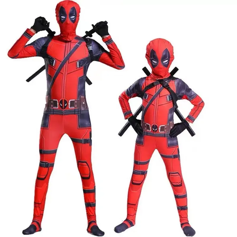 Zentai kids cosplay costume boy superhero movie deadpool mask red suit halloween party costume boy girl birthday gift surprise