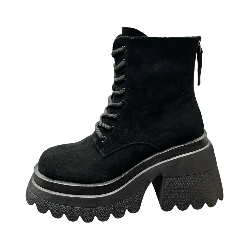 

Женские мотоциклетные ботинки из натуральной кожи, ботильоны на толстом среднем каблуке, с круглым носком, на шнуровке, Осень-зима 2022