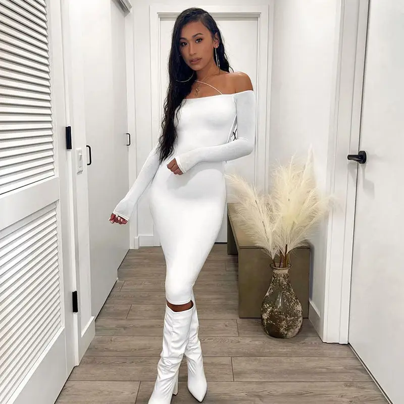 

insEuropean and American Hot Girl Style off-Neck Tight Dress2022Spring New Slimming Long Sleeve Narrow Midi Dress