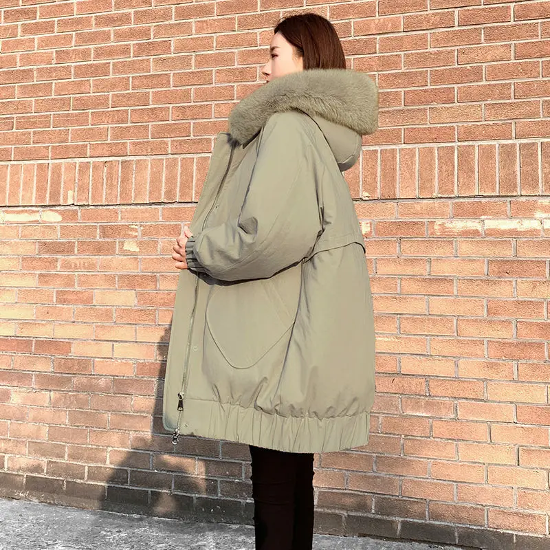 Big Fur Collar Down Cotton Coats Women Winter New Long Loose Thicken Warm Padded Jacket Female Clothing Solid Parkas Pink Tops