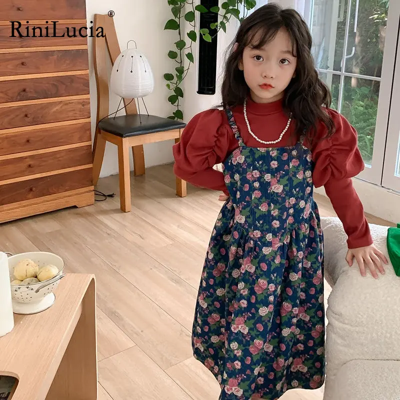 

RiniLucia 2022 Autumn Girls' Clothing Sets Korean Puff Sleeve Children'S Suit Floral Denim Suspender Dress+Solid Shirt Suit