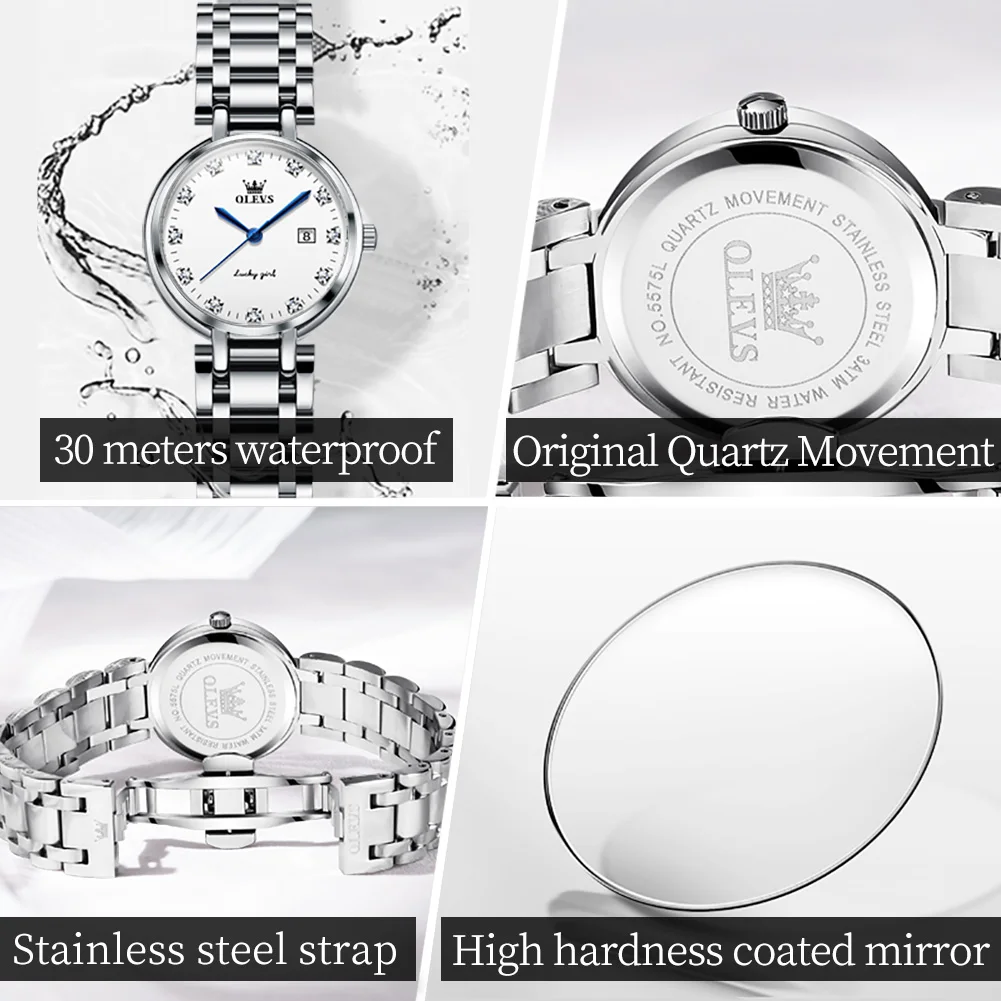 OLEVS Quartz Watch for Women Solid Stainless Steel Strap Design Diamond Elegant Ladies Wristwatch Bracelet Necklace Gift Box Set