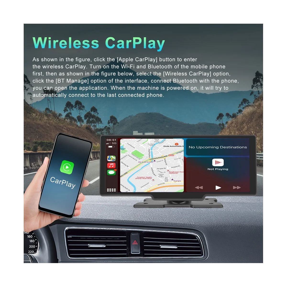 

10,26 дюймовая Беспроводная Автомагнитола Carplay и Android с голосовым управлением, FM-передатчик, Bluetooth Mirrorlink, мультимедиа