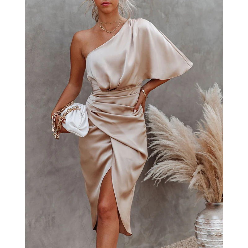 

YEMOGGY Fashion Chic Women Summer Dresses 2022 New Sexy Short One Sleeve Irregular Folds Solid Party Skinny Midi Dress Women's