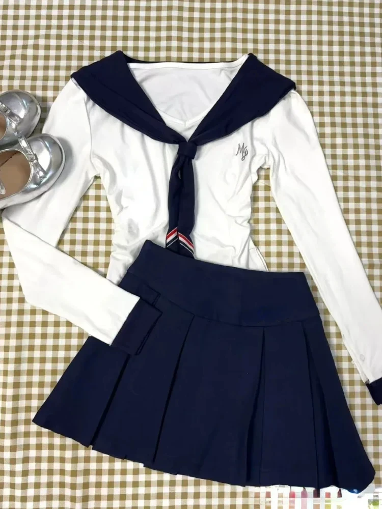 Осенний облегающий комплект из 3 предметов в стиле преппи женский модный милый