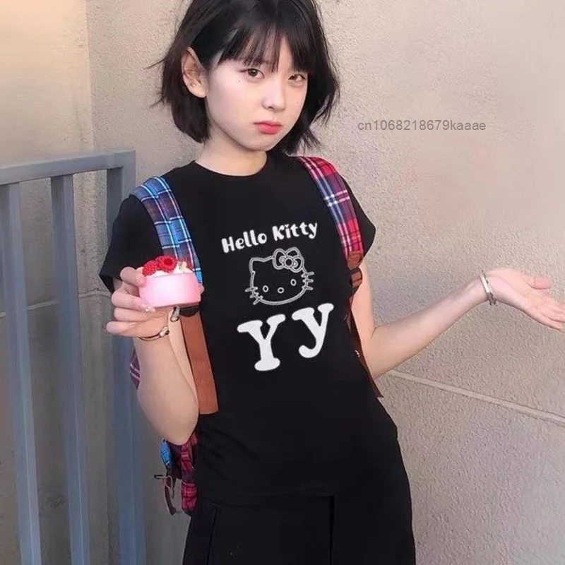 Sanrio Hello Kitty милая летняя футболка из чистого хлопка новая облегающая Y2k Sweet Spicy Girl