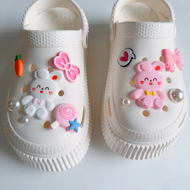 Cute Cartoon Blue Pink Color Rabbits Charms For Shoes DIY PVC Carrot Heart Bowknot Shoe Clogs Decoration Creative Jewelry Gifts